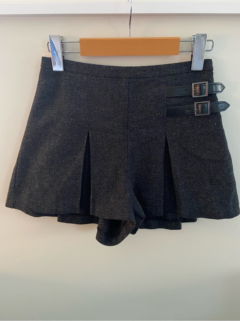 Topshop Dark Academia Dark Gray Pleated Skort with Double Buckle Detail